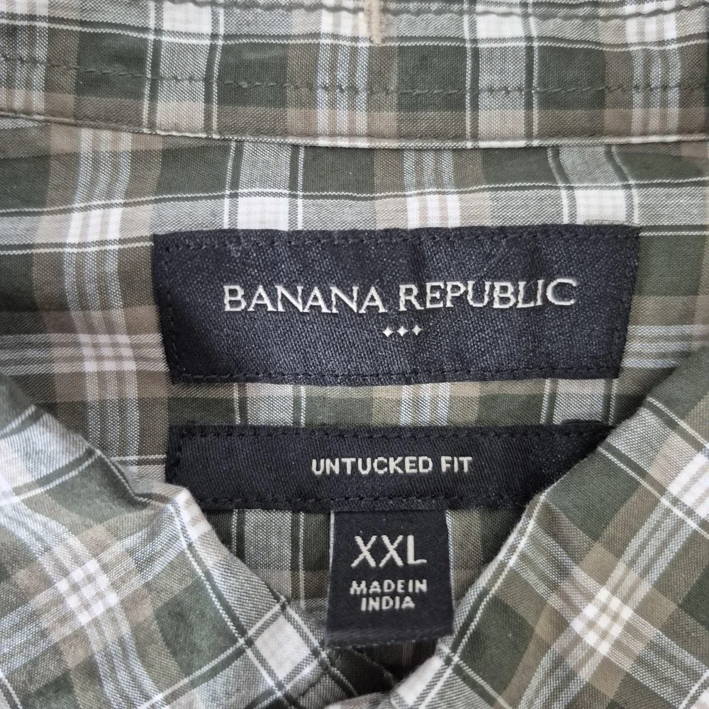 Banana Republic Shirt Mens 2XL Green‎ Plaid Untucked Fit Long Sleeve Organic